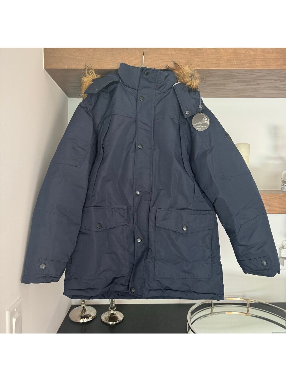 Ben Sherman Boys Hooded Parka with Faux Fur Trim in Navy